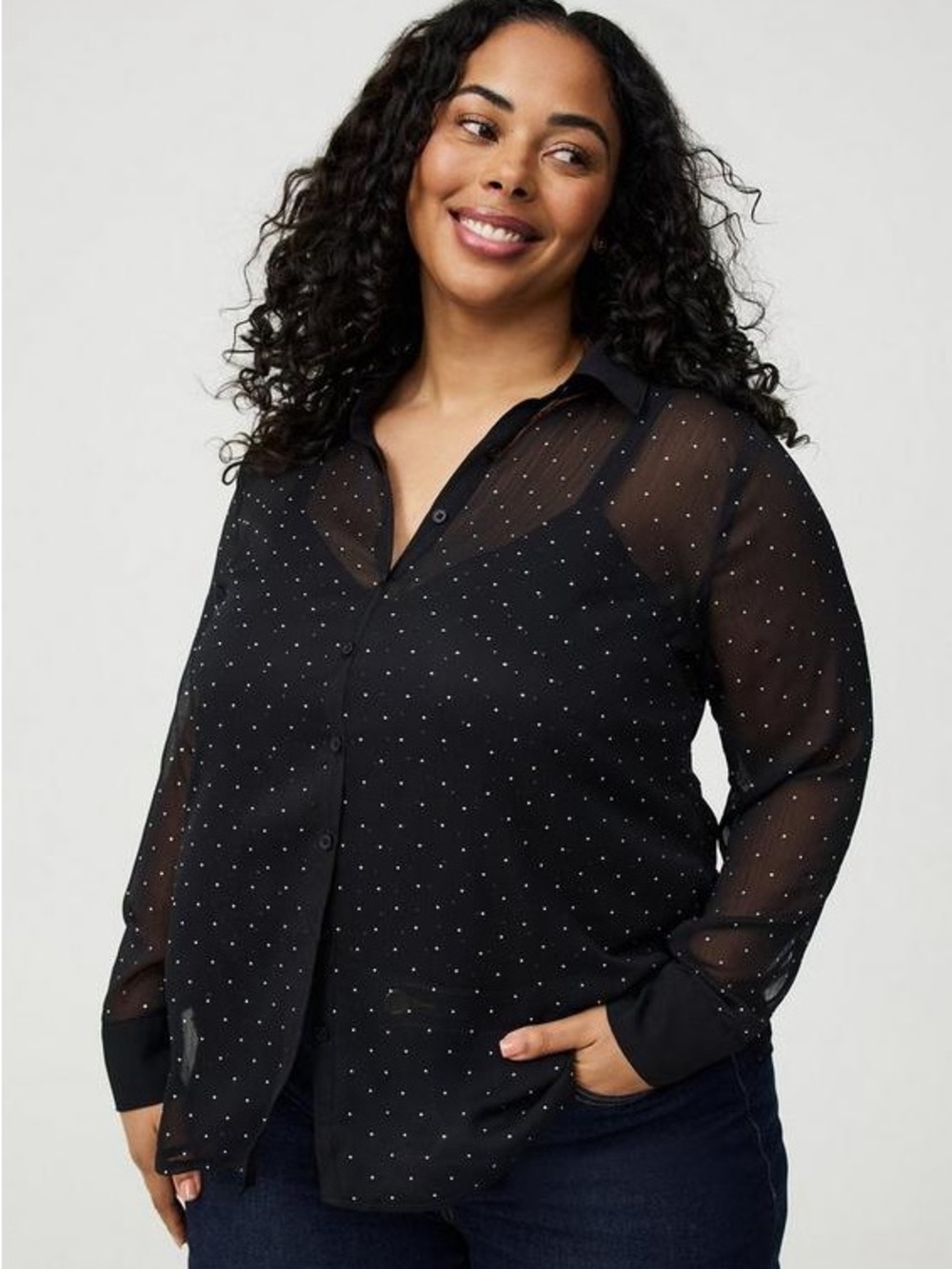 torrid Black Sheer Button-Down Blouse with Tiny rhinestones